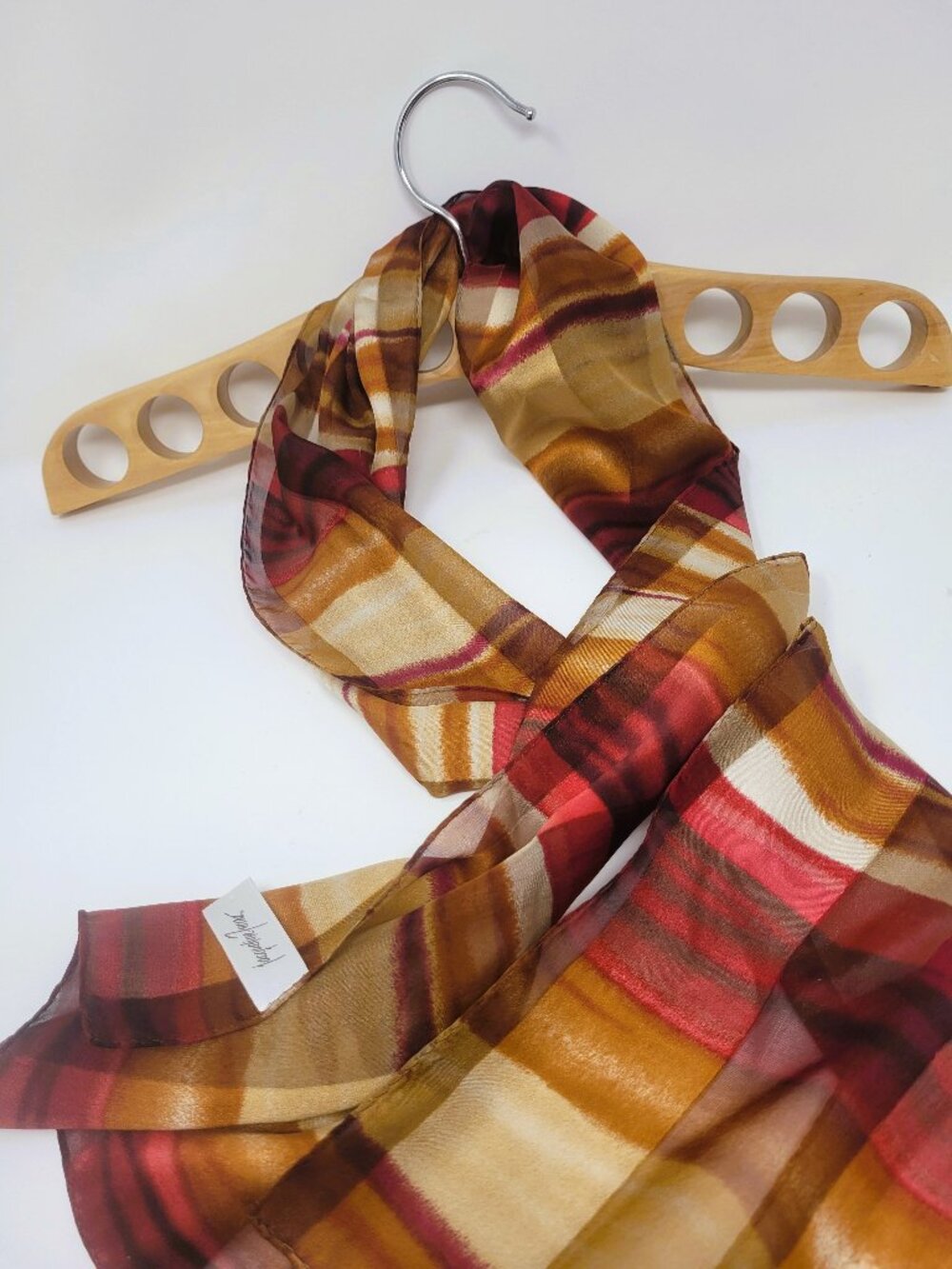 Jacqueline Ferrar 100% Silk Scarf Earth Tone Sheer Striped NWOT w/ Wooden Hanger